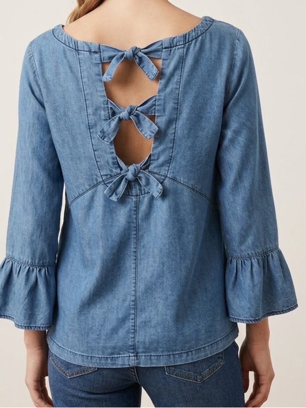 Blue Rain Back Tie Ruffle Sleeve Top